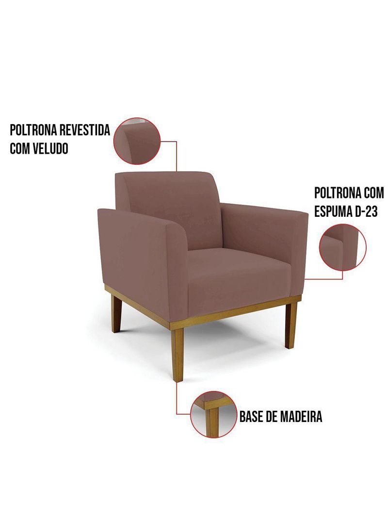 Sofá Namoradeira Com Poltrona Base De Madeira Fixa Castanho Marisa Veludo D03 - D?rossi Cor Rose