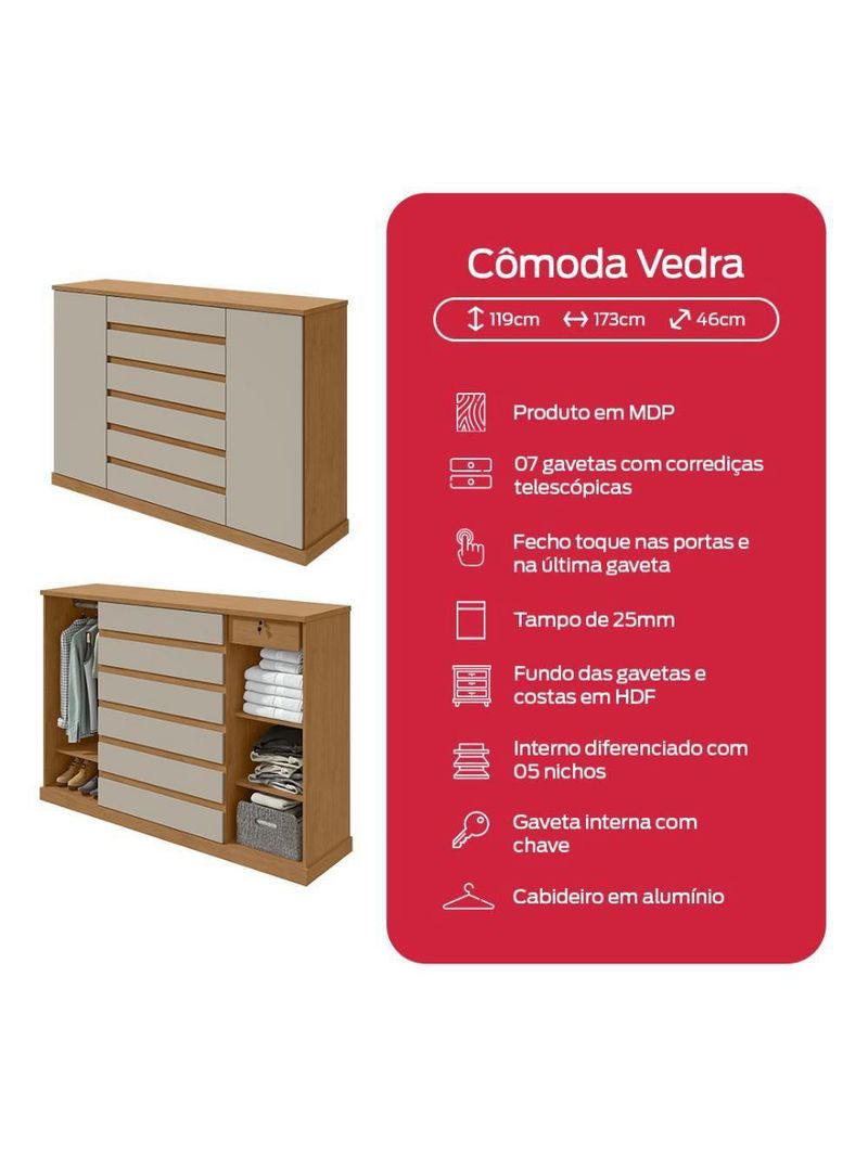 Cômoda Vedra 7 Gavetas 2 Portas Amêndoa Clean/Off White