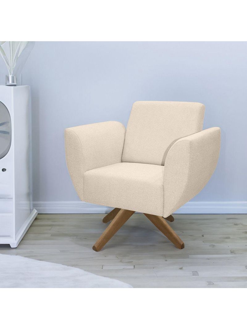 Poltrona Jolly Decorativa Com Base Madeira Em Tecido Boucle Off White