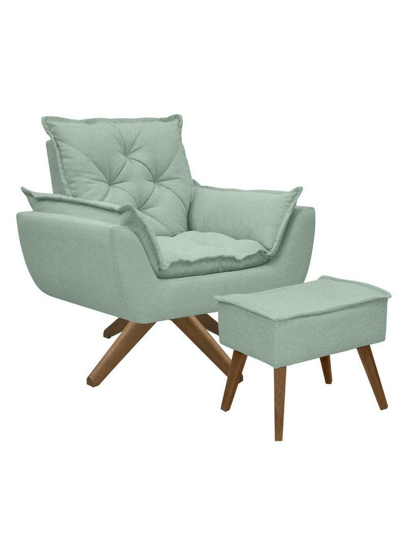 Kit Poltrona E Puff Opala Com Base Em Madeira Tecido Boucle Verde