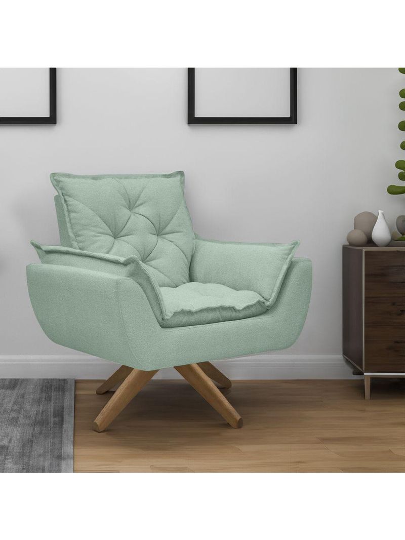 Kit Poltrona E Puff Opala Com Base Em Madeira Tecido Boucle Verde