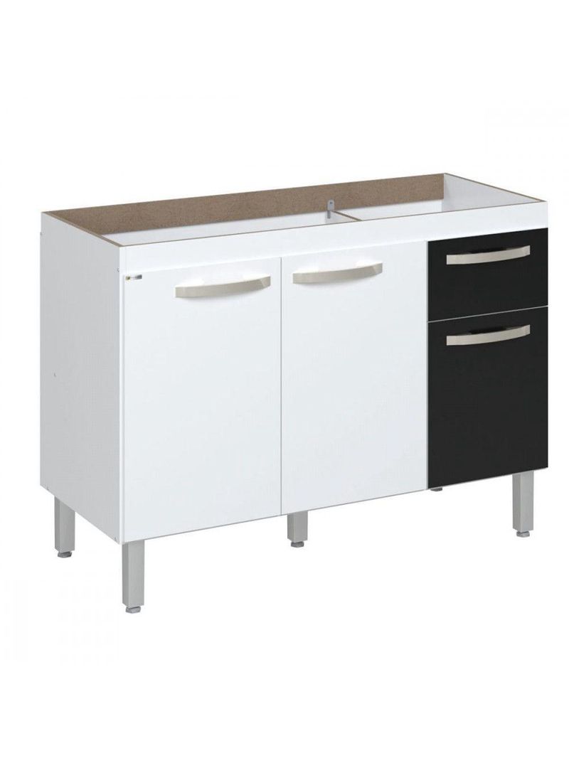 Balcão Flat De Cozinha Para Pia 3 Portas 1 Gaveta Rorato Branco Com Preto