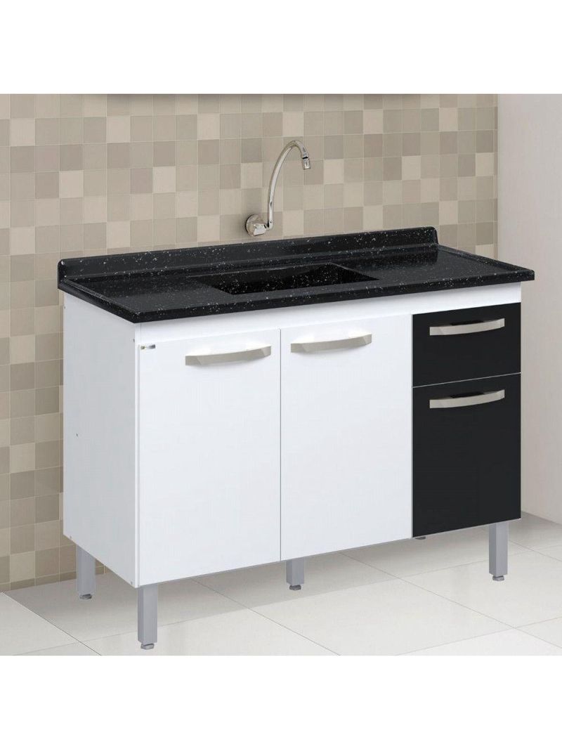 Balcão Flat De Cozinha Para Pia 3 Portas 1 Gaveta Rorato Branco Com Preto