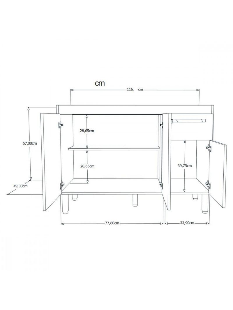 Balcão Flat De Cozinha Para Pia 3 Portas 1 Gaveta Rorato Branco Com Preto