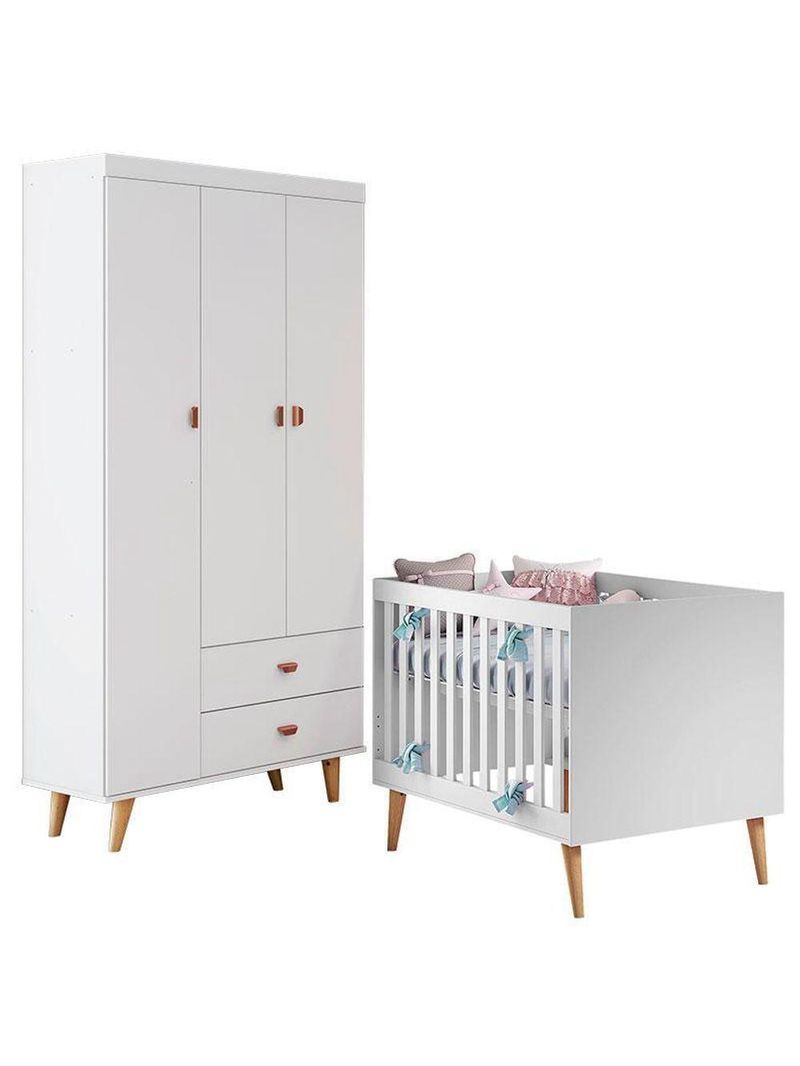 Berço Americano Ludmila E Guarda Roupa 3 Portas Duda Branco Acetinado Bétula - Carolina
