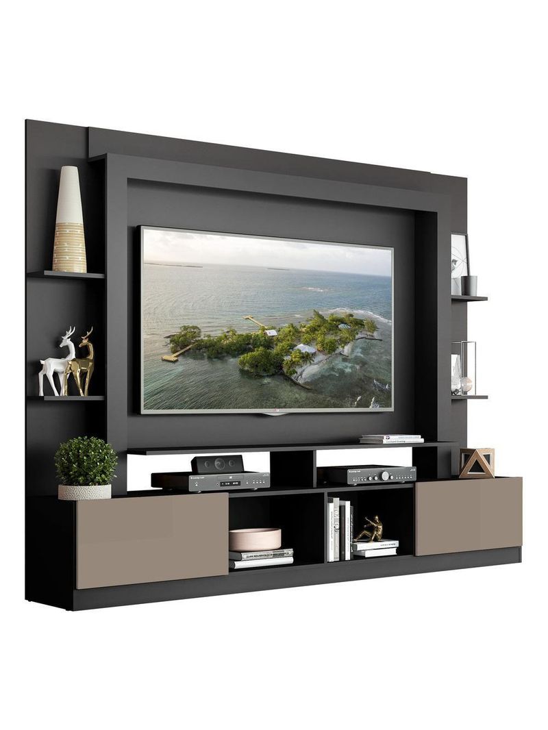 Rack Estante com Painel e Suporte 65'' e 2 Portas Oslo Multimóveis Preto/Lacca Fumê