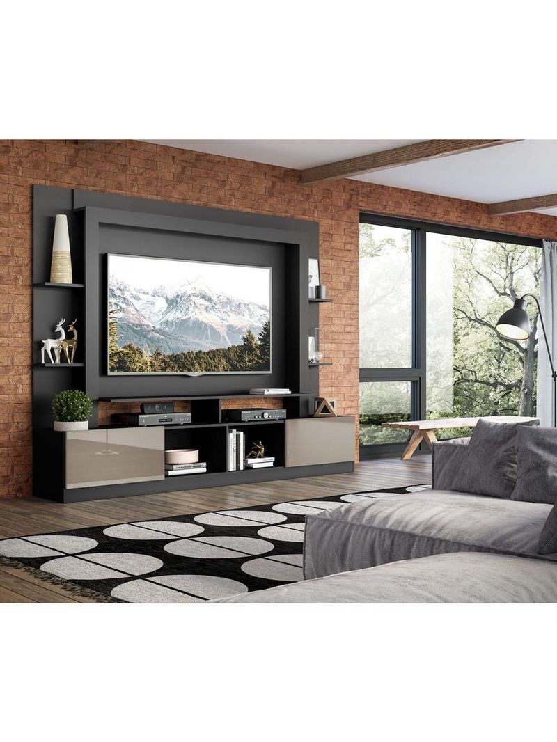 Rack Estante com Painel e Suporte 65'' e 2 Portas Oslo Multimóveis Preto/Lacca Fumê