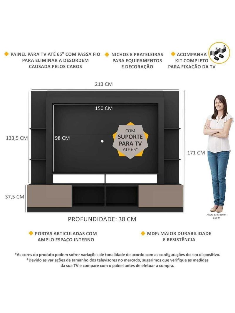 Rack Estante com Painel e Suporte 65'' e 2 Portas Oslo Multimóveis Preto/Lacca Fumê