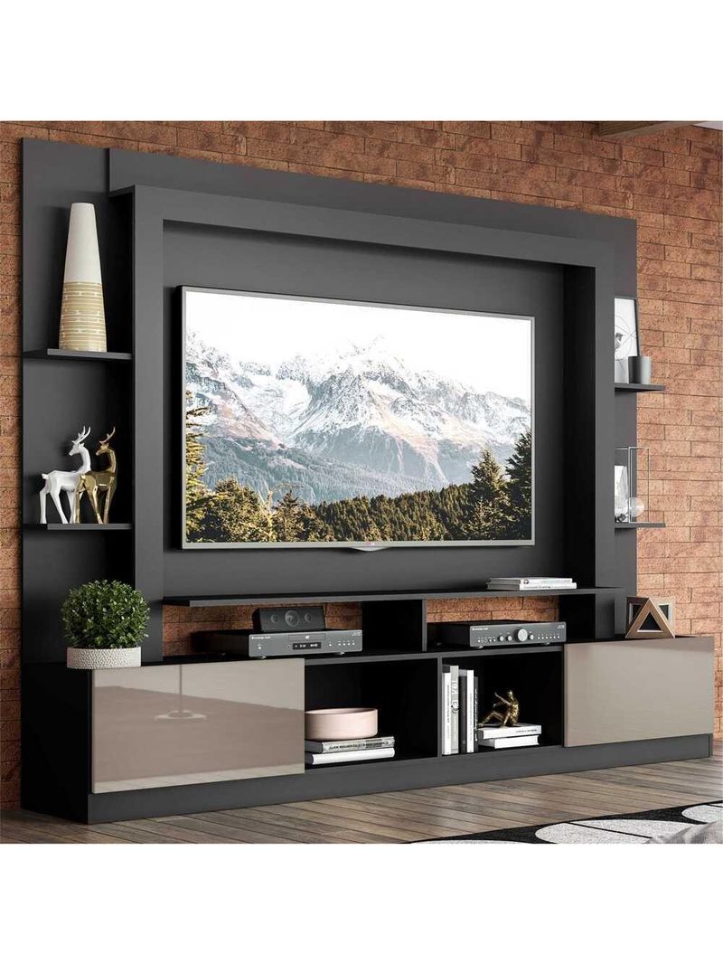 Rack Estante com Painel e Suporte 65'' e 2 Portas Oslo Multimóveis Preto/Lacca Fumê