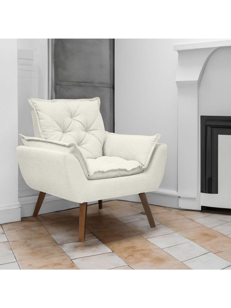 Kit Poltrona E Puff Opala Conforto Pé Trapézio Tecido Boucle Off White