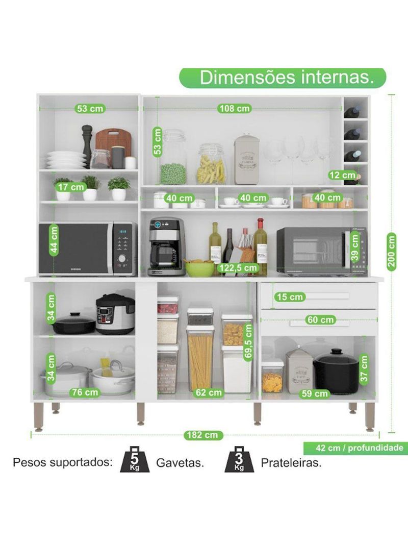 Armário de Cozinha 6 Portas 2 Gavetas Alexia Top Branco Neve | IMOP Móveis