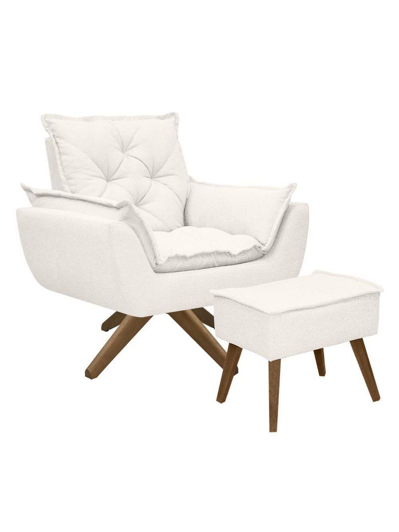 Kit Poltrona E Puff Opala Com Base Em Madeira Tecido Boucle Branco