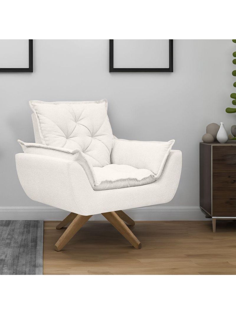 Kit Poltrona E Puff Opala Com Base Em Madeira Tecido Boucle Branco
