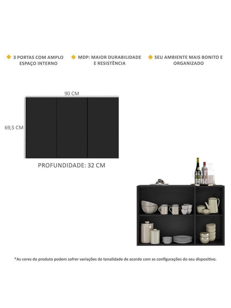 Aparador Buffet 3 Portas Veneza Multimóveis V1007 Preto