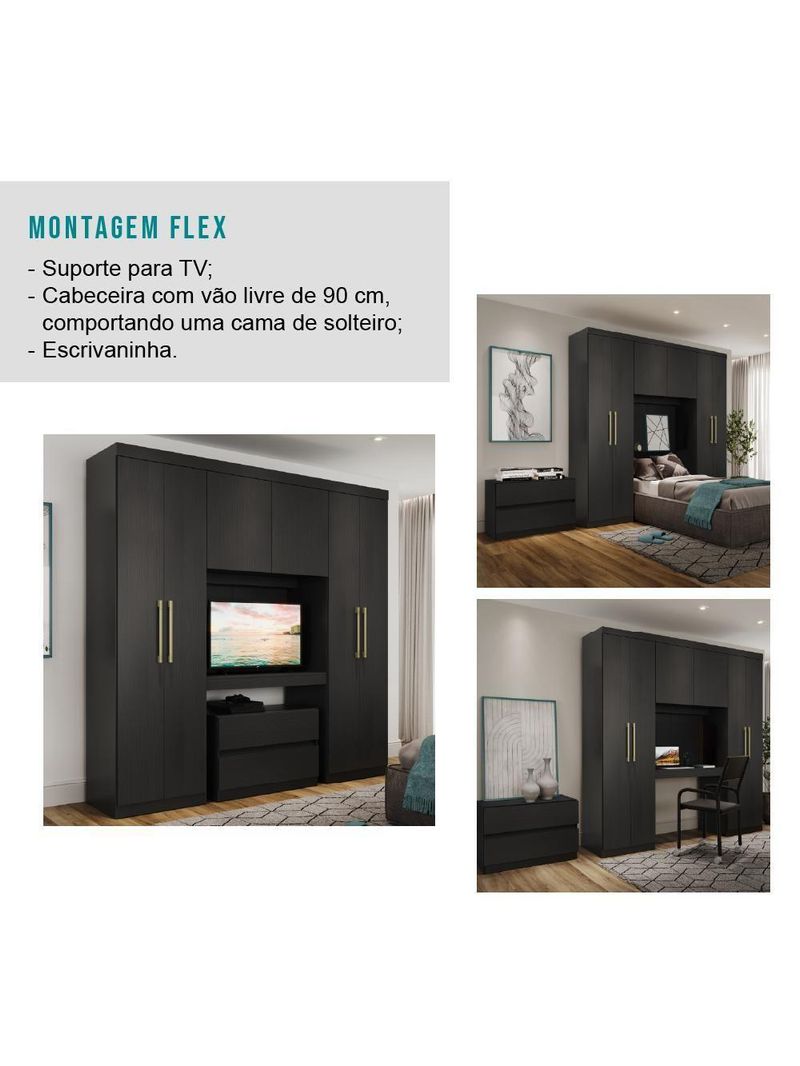 Guarda Roupa Solteiro 6 Portas 2 Gavetas Porto Carraro Preto
