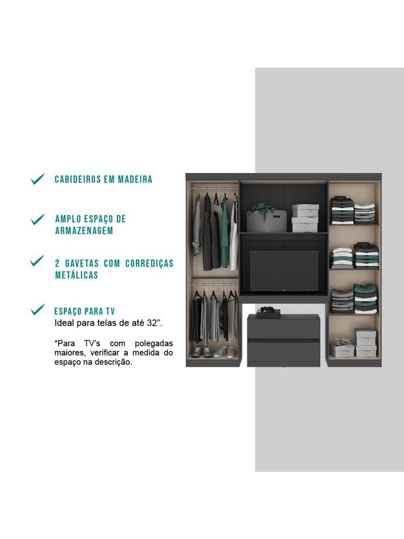 Guarda Roupa Solteiro 6 Portas 2 Gavetas Porto Carraro Preto