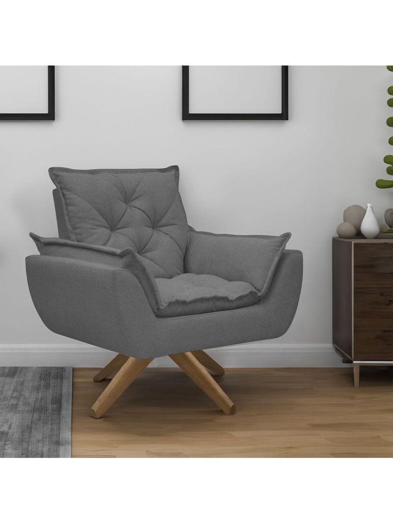 Kit Poltrona E Puff Opala Com Base Em Madeira Tecido Boucle Chumbo