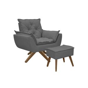 Kit Poltrona E Puff Opala Com Base Em Madeira Tecido Boucle Chumbo