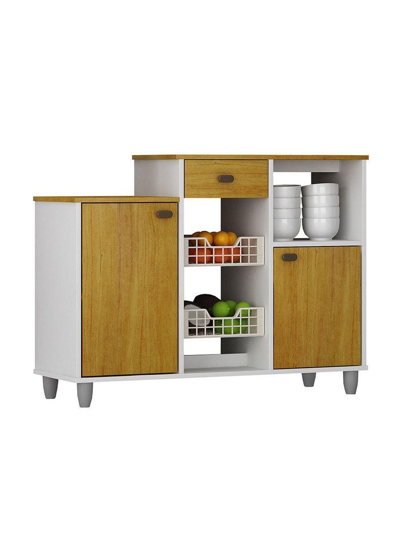 Fruteira de Chão Nora Multiuso Flex 3 Portas 1 Gaveta Mobilihouse Cinamomo com Branco Acetinado