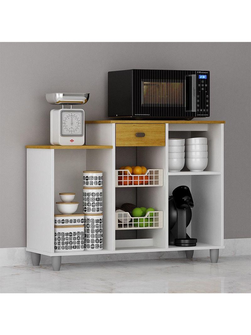 Fruteira de Chão Nora Multiuso Flex 3 Portas 1 Gaveta Mobilihouse Cinamomo com Branco Acetinado