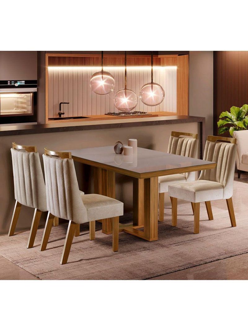 Mesa Lottus com Tampo em MDF e Vidro com 4 Cadeiras Cinamomo/Off White/Bege | Shopkasa