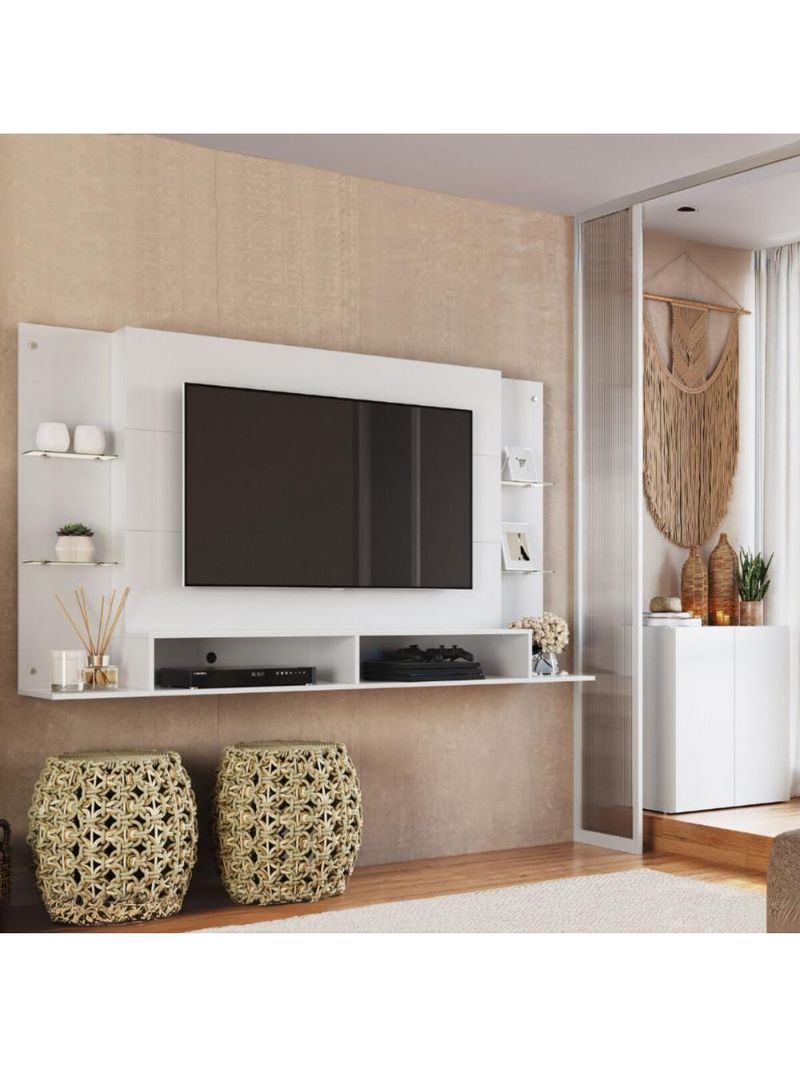 Painel Para 60 Polegadas Com Prateleiras Vidro E Aparador 2 Portas Multimóveis Mp1099 Branco