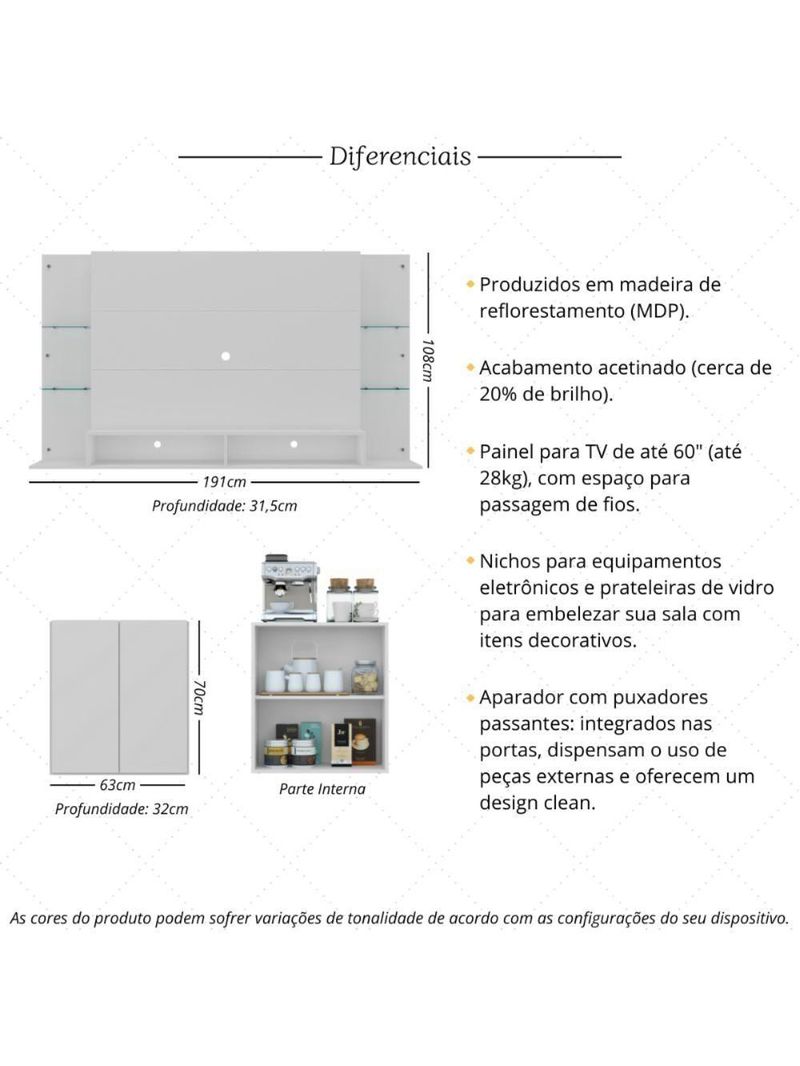 Painel Para 60 Polegadas Com Prateleiras Vidro E Aparador 2 Portas Multimóveis Mp1099 Branco