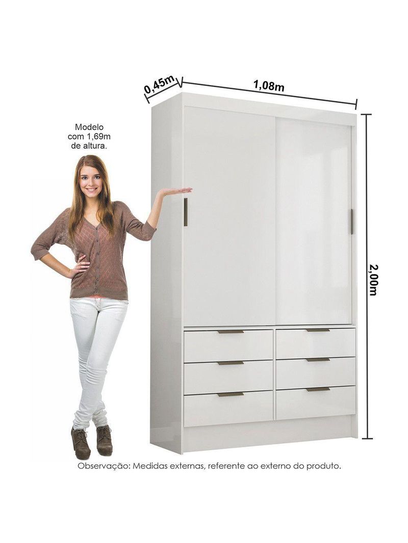 Guarda-Roupa Sevilha 2 Portas de Correr 6 Gavetas Carioca Móveis Branco
