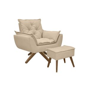 Kit Poltrona E Puff Opala Com Base Em Madeira Tecido Boucle Areia