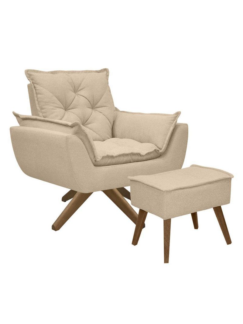 Kit Poltrona E Puff Opala Com Base Em Madeira Tecido Boucle Areia