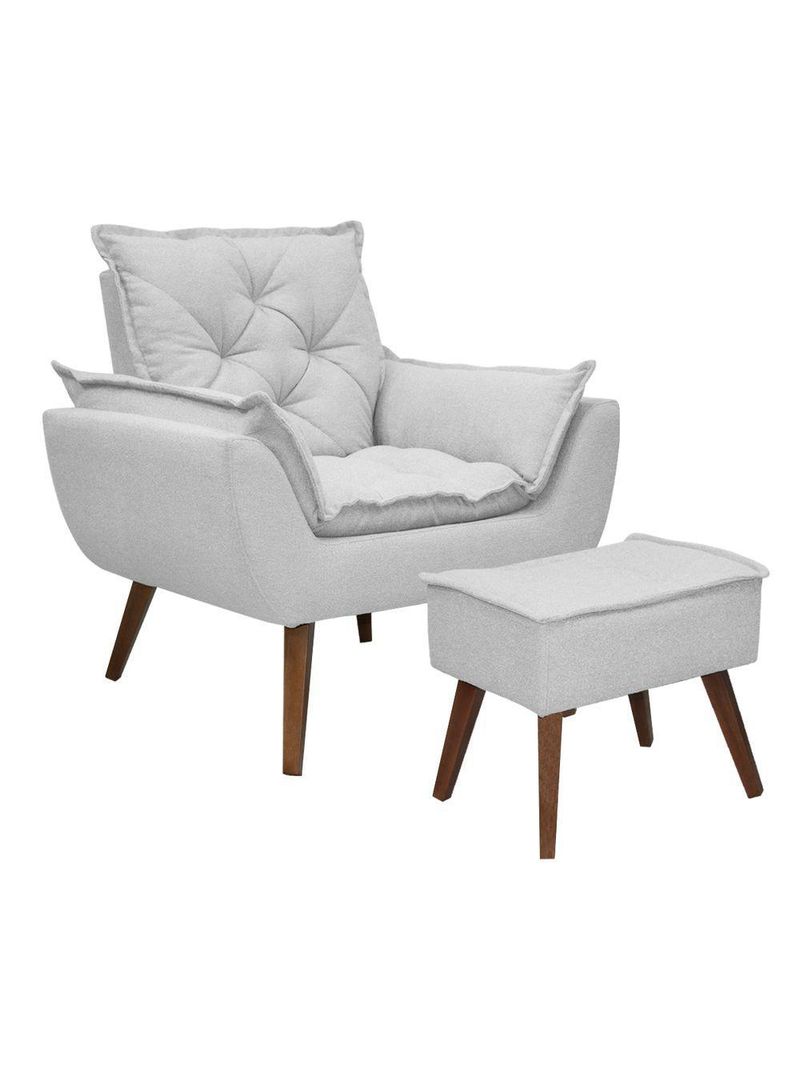 Kit Poltrona E Puff Opala Conforto Pé Trapézio Tecido Boucle Cinza
