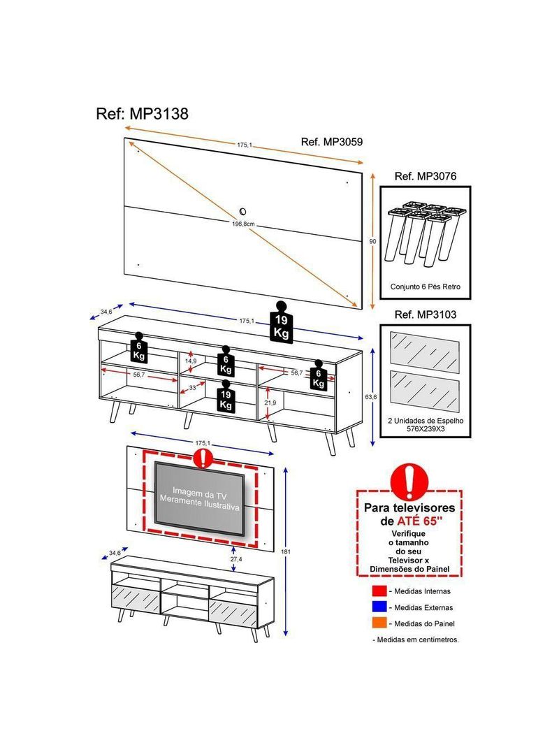 Rack com Painel para TV até 65" com Espelho e Pés Retrô – Multimóveis
