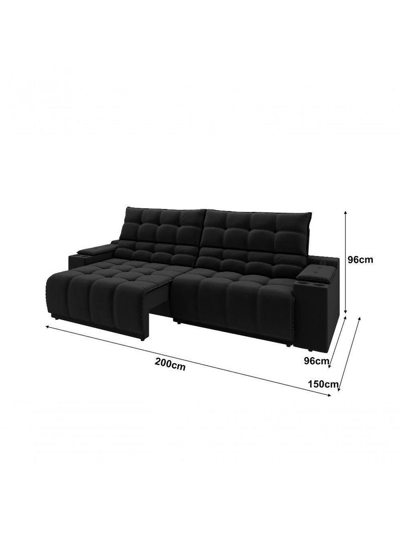 Sofá Connect Premium 2,00m Assento Retrátil-reclinável Com Porta Copos E Entrada Usb Suede Preto