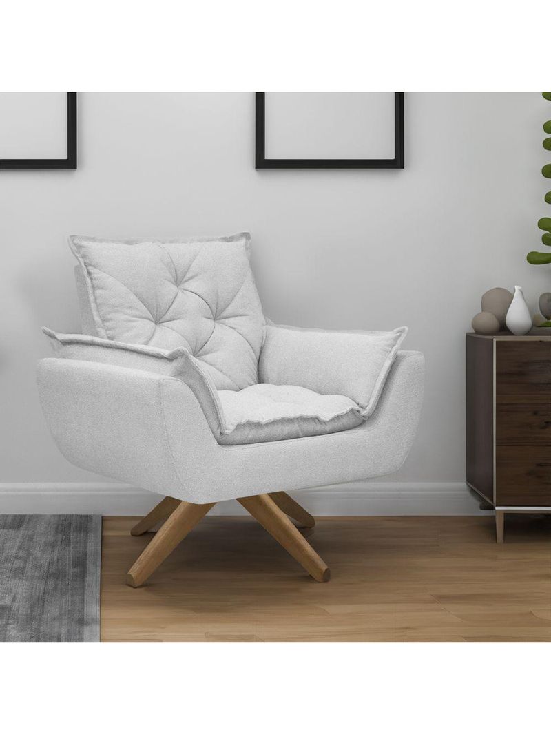 Kit Poltrona E Puff Opala Com Base Em Madeira Tecido Boucle Cinza