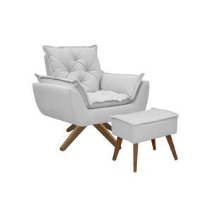Kit Poltrona E Puff Opala Com Base Em Madeira Tecido Boucle Cinza