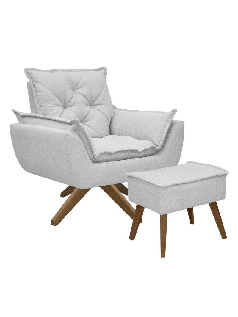 Kit Poltrona E Puff Opala Com Base Em Madeira Tecido Boucle Cinza