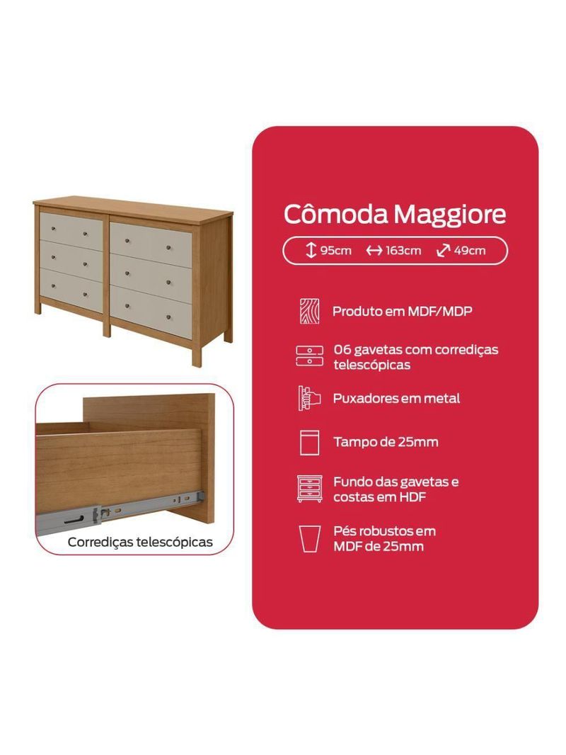 Cômoda Maggiore 6 Gavetas Amêndoa Clean/Off White Lopas