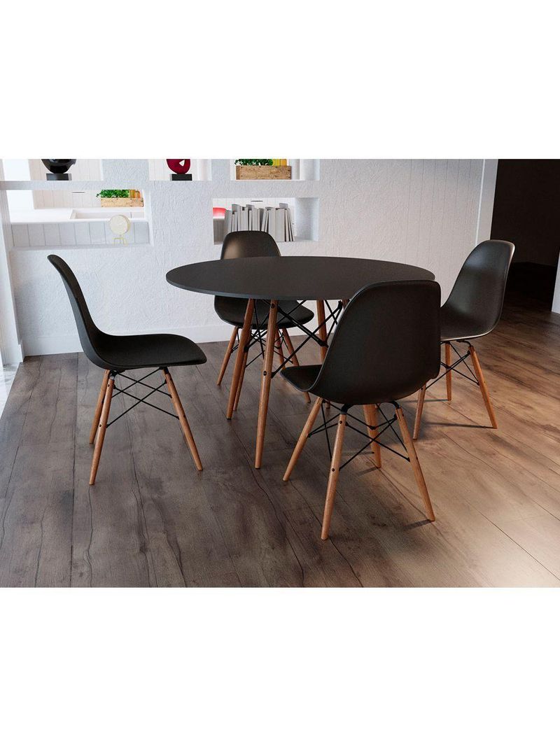 Jogo De Mesa 4 Cadeiras Pretas Eames Dkr 110 Cm Base Madeira Tampo Preto