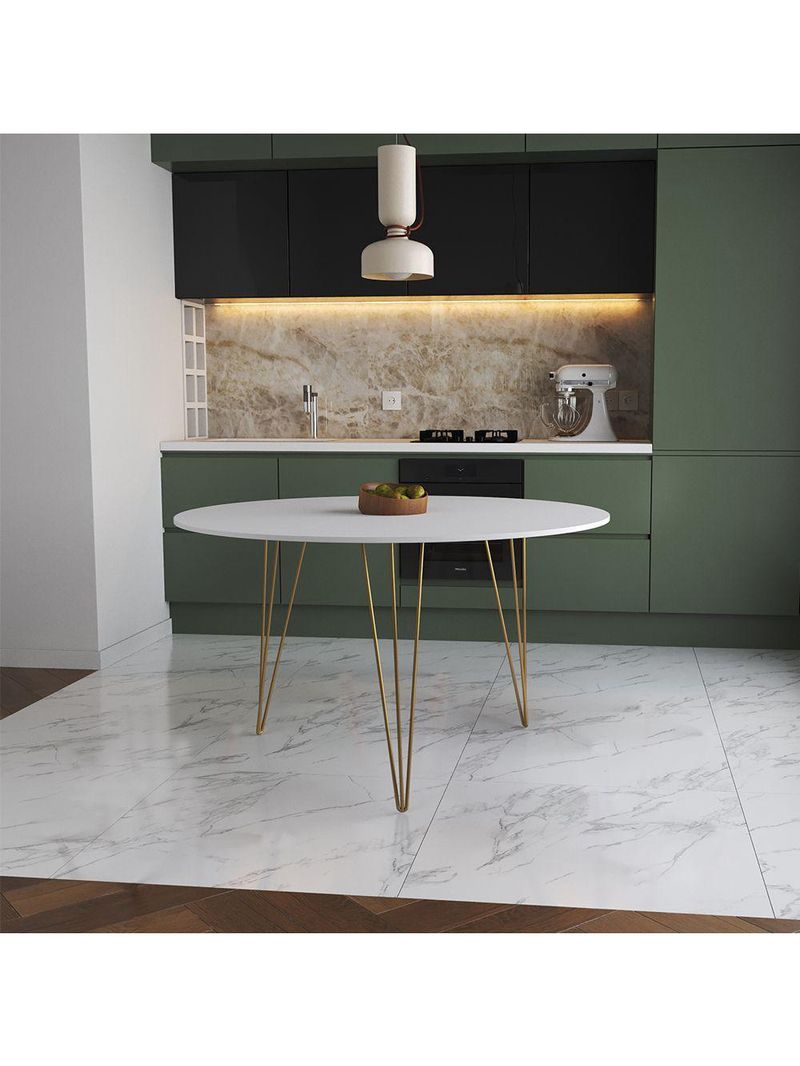 Mesa De Jantar Redonda 110Cm Branca Clips 3 Pés Base Dourado