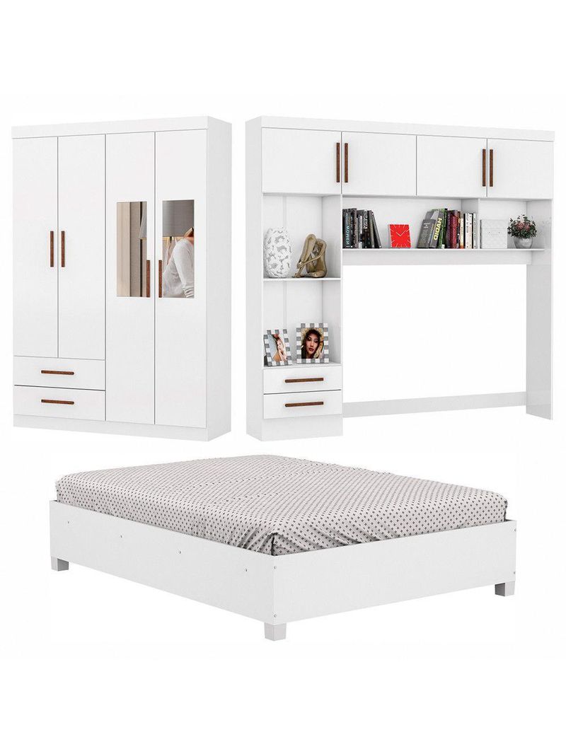 Guarda Roupa Casal Modulado 4 Portas com Cama Hercules 4 Portas e 4 Gavetas com Espelho Branco