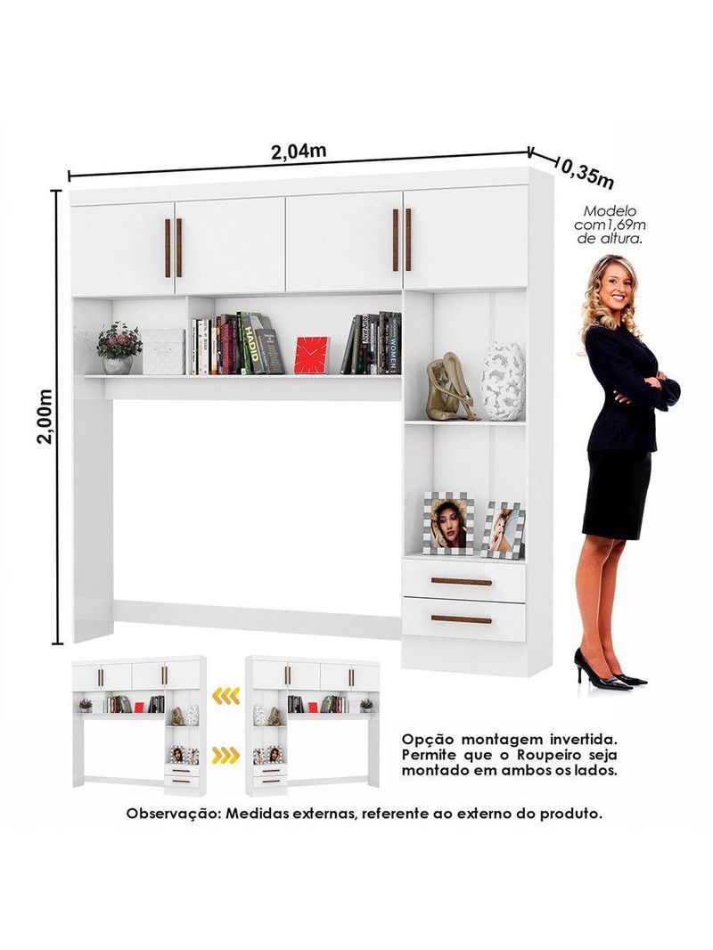 Guarda Roupa Casal Modulado 4 Portas com Cama Hercules 4 Portas e 4 Gavetas com Espelho Branco