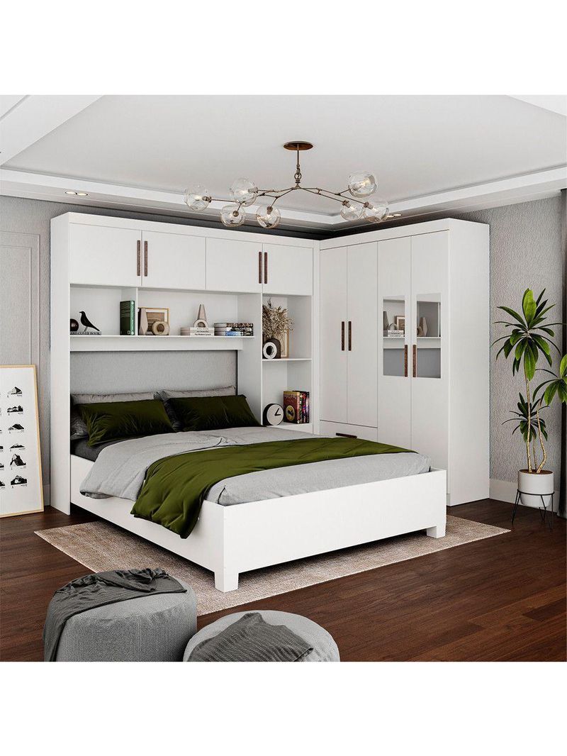 Guarda Roupa Casal Modulado 4 Portas com Cama Hercules 4 Portas e 4 Gavetas com Espelho Branco