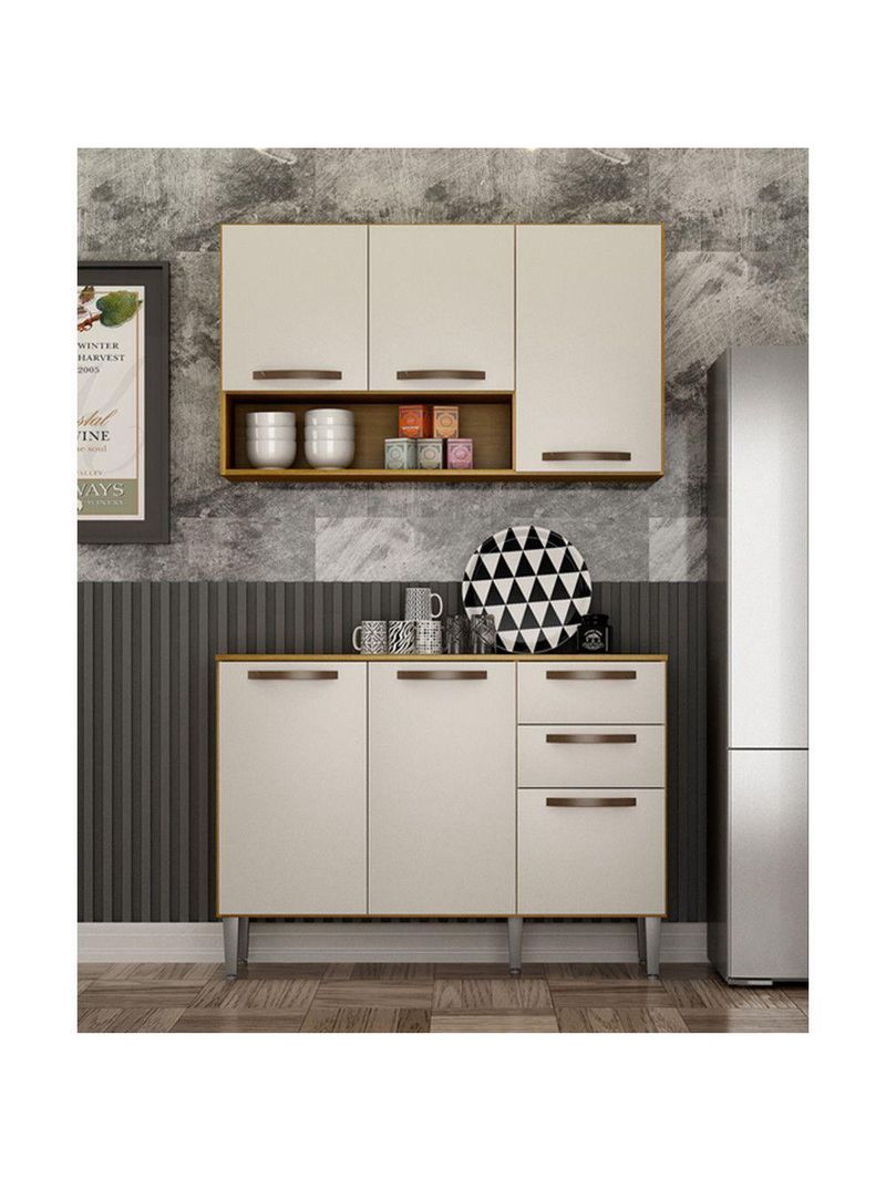 Kit Armário De Cozinha Alba Aéreo E Balcão 3 Portas Cinamomo/off White