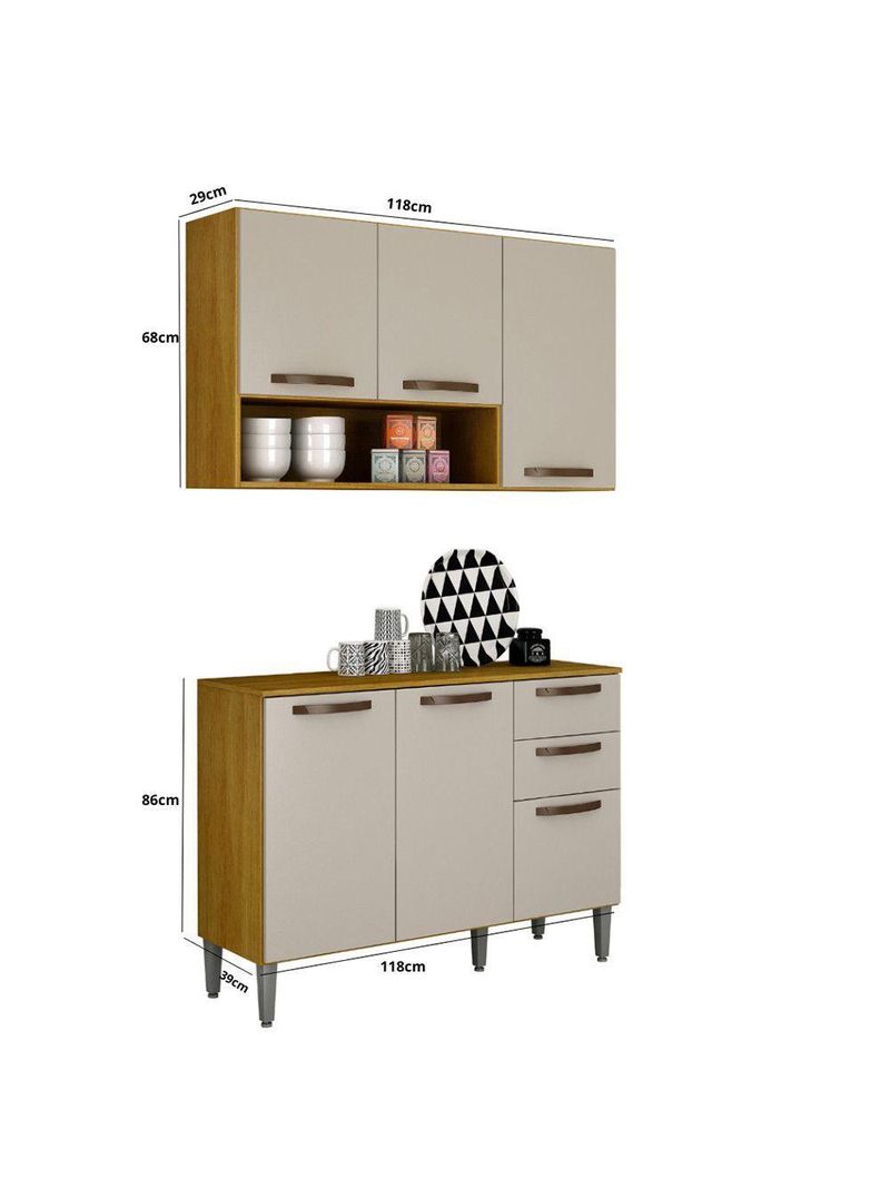 Kit Armário De Cozinha Alba Aéreo E Balcão 3 Portas Cinamomo/off White