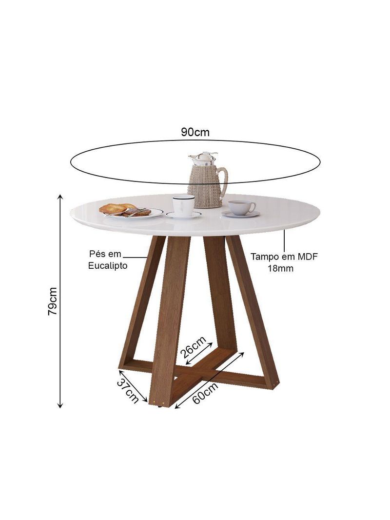 Mesa Redonda Jantar 90cm Livia Branca com Base em Madeira Maciça