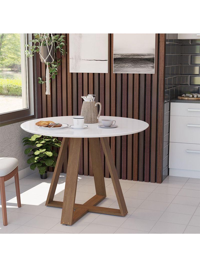 Mesa Redonda Jantar 90cm Livia Branca com Base em Madeira Maciça