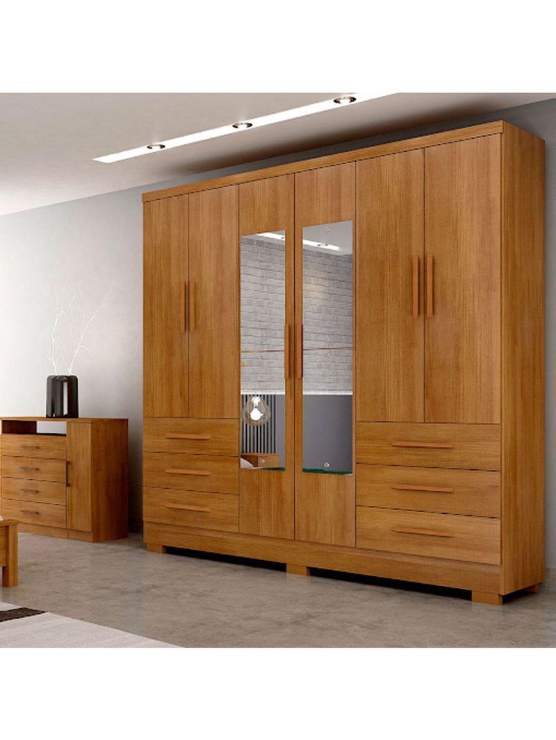 Guarda Roupa Ágata 6 Portas, 6 Gavetas Com Espelho e 6 Pés - Cumaru