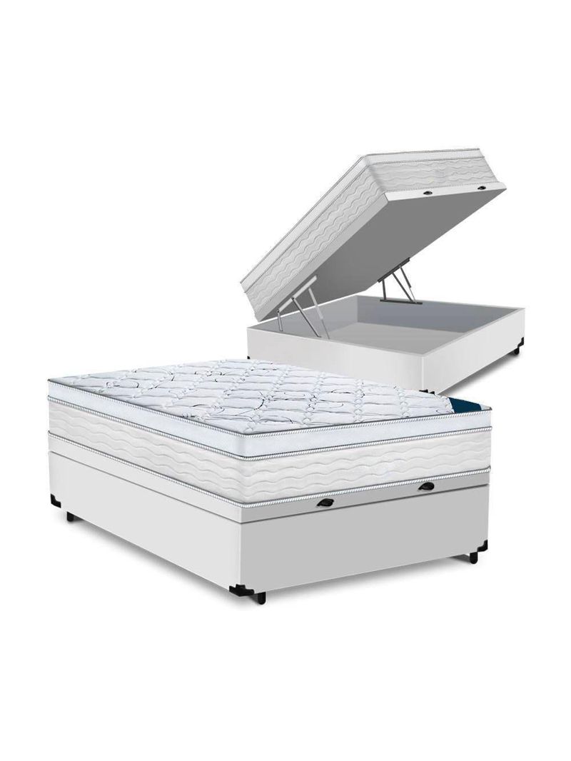 Cama Box Baú Casal Tecido Sintético Branco com Colchão Toronto Molas Ensacadas Branco D33
