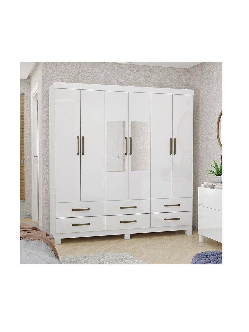 Guarda-roupa D22 6 Portas 6 Gavetas Com Espelho e Pés Branco
