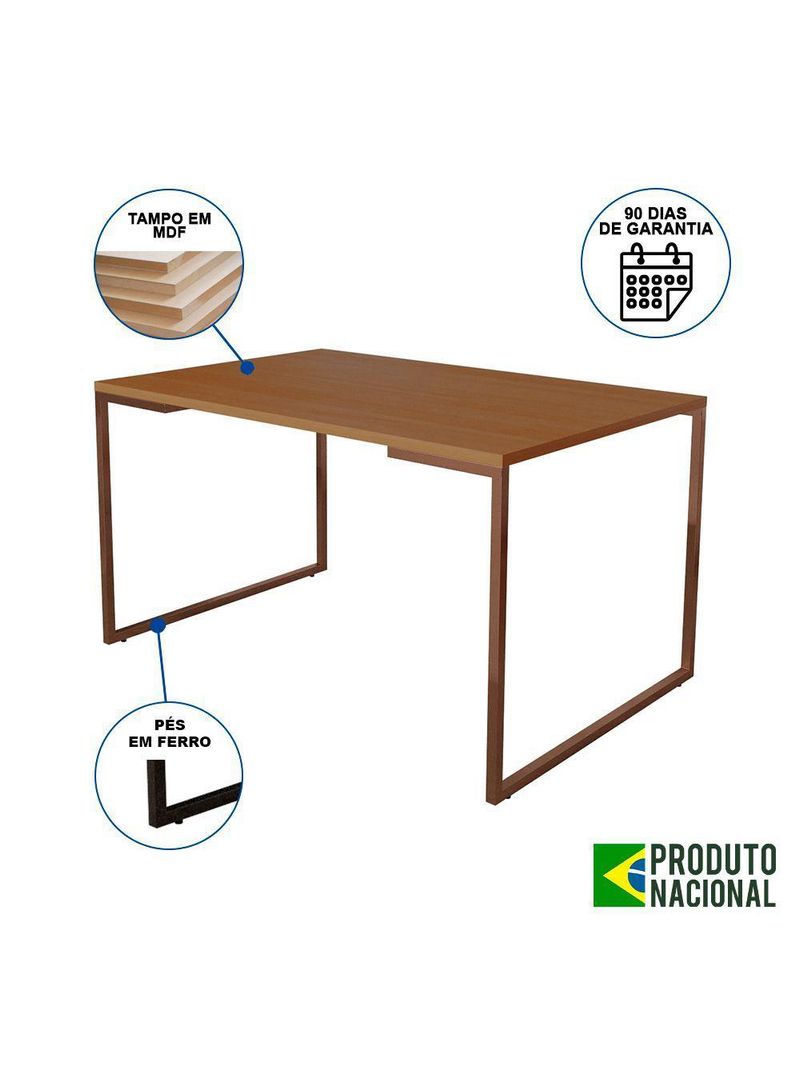 Mesa De Jantar Industrial Base Ferro Cobre Tampo 137X90 Canela